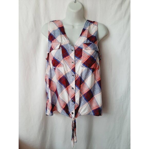 Rock & Republic button front sleeveless plaid medium Y2K top - Picture 1 of 5